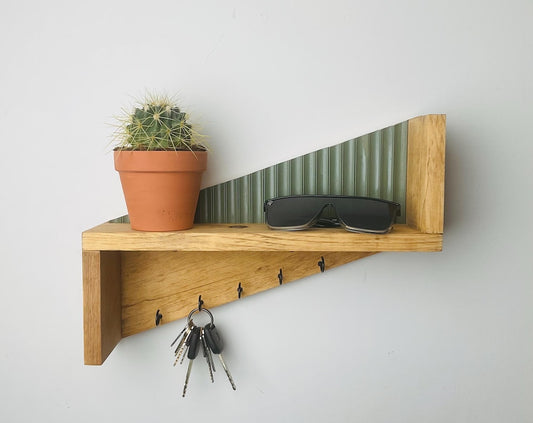 Key Holder Olive Green – Pine Wood - Wall Mounted Shelf | Boho and Farmhouse Style | Home Décor & Organization